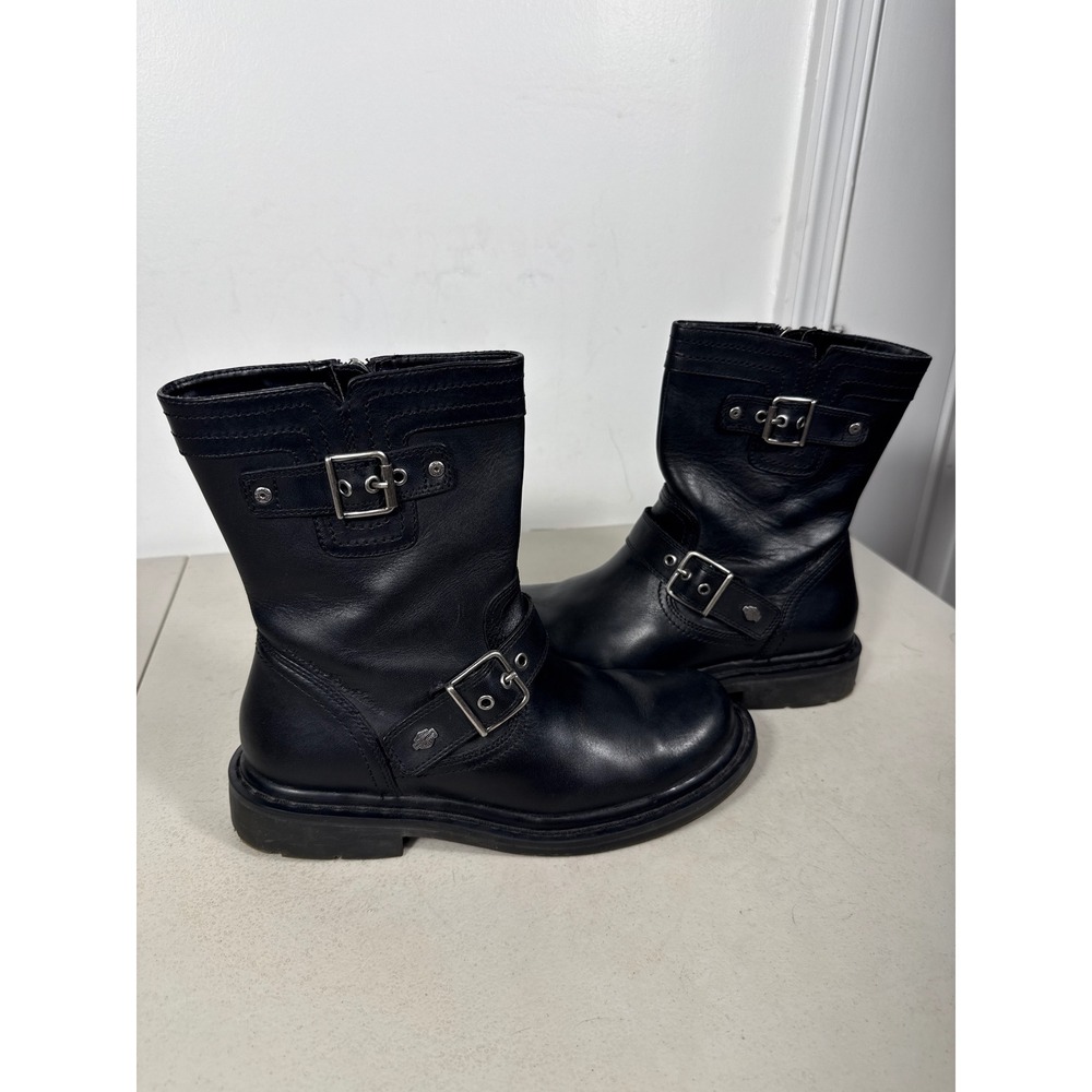 Harley Davidson Womens Black Leather Motorcycle Harness Boots Mid Calf Buckle8